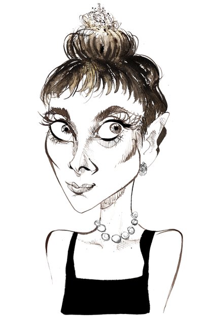 Audrey Hepburn (1929-1993) attrice belga, caricatura a colori come Holly Golightly dal film del 1961 Colazione da Tiffany (diretto da Blake Edwards) da Neale Osborne